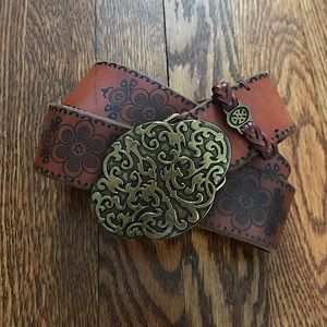 Lucky Brand Leather Belt with Filigree Detail and Gold Buckle